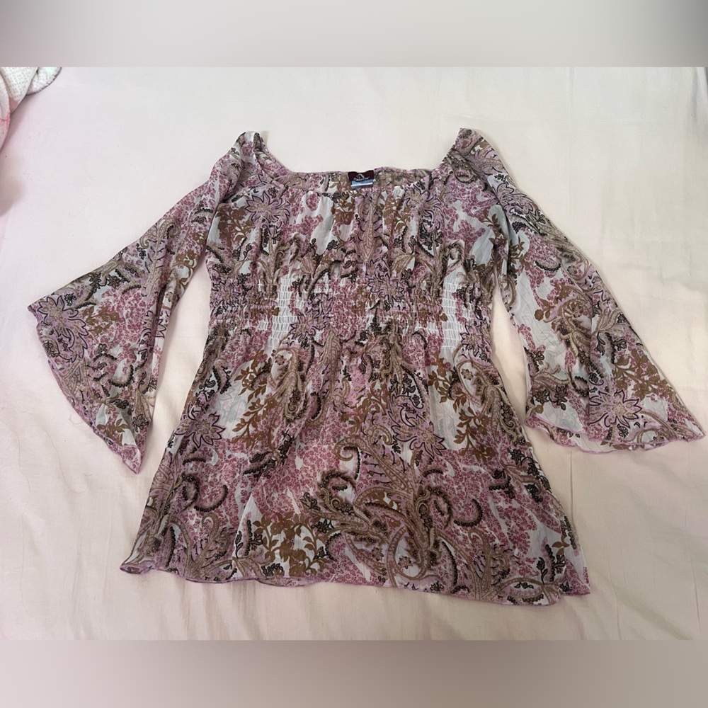 Jordache Pink and Brown Floral Paisley Bell Sleeve Sheer Top